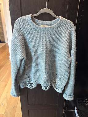 Ruby Moon Blue Distressed Shredded Hem Oversized Chunky Knit Sweater